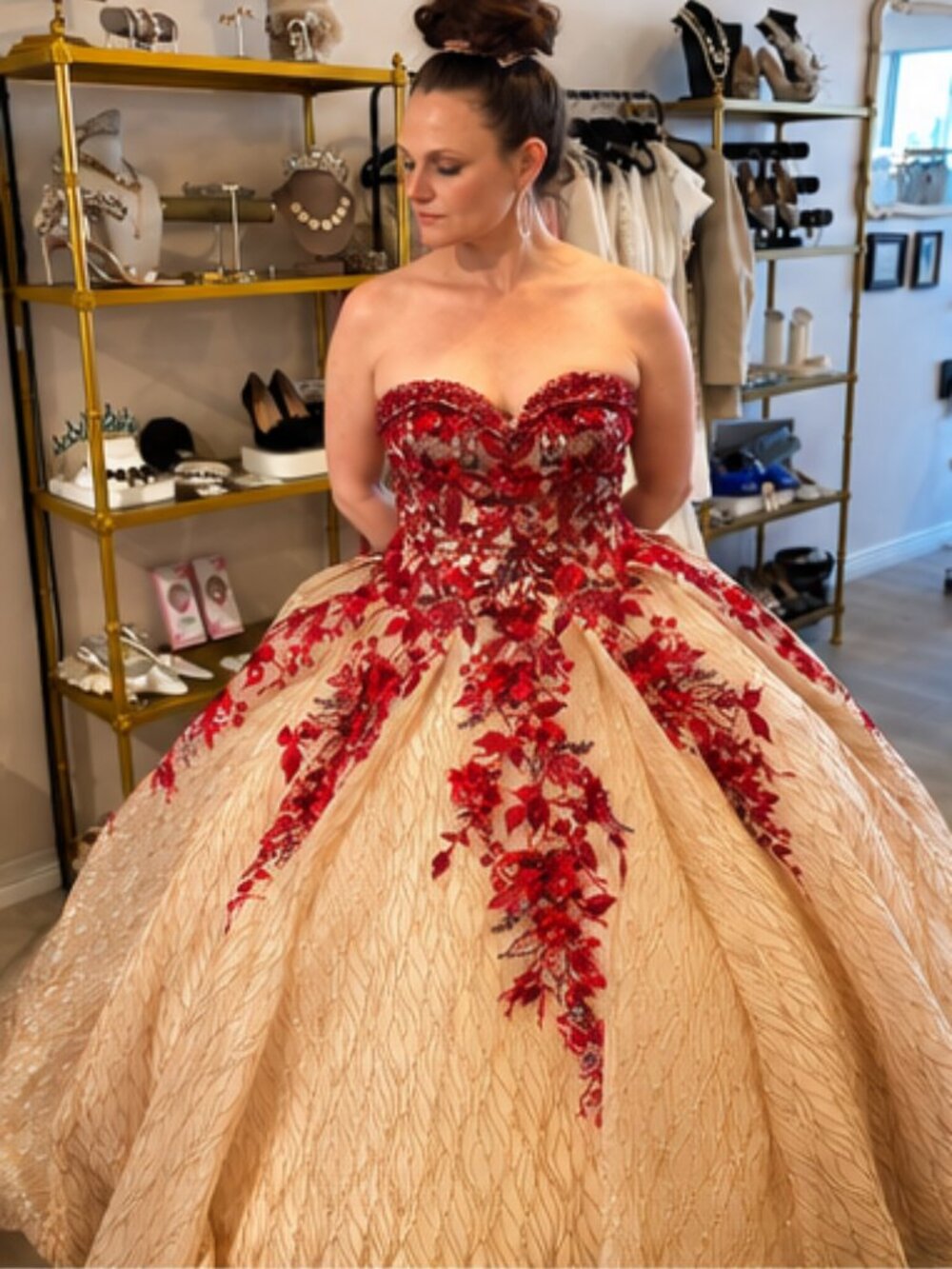 Princesa Quinceañera Ball Gown - Strapless Sweetheart Corset - Red Glitter Tulle